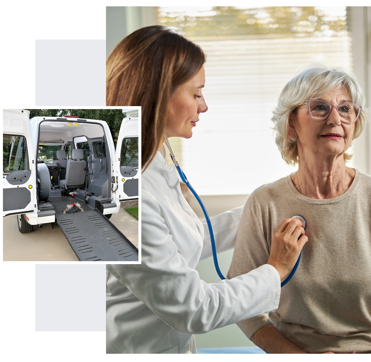 Doctor examining elderly woman, mobile clinic nearby.
