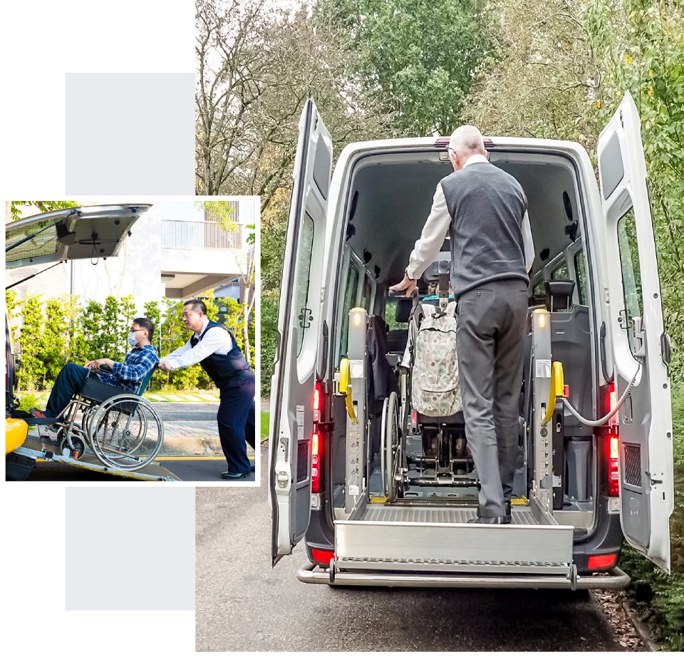 Wheelchair user being assisted into accessible van.