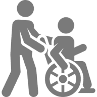 Person pushing wheelchair icon on black background.