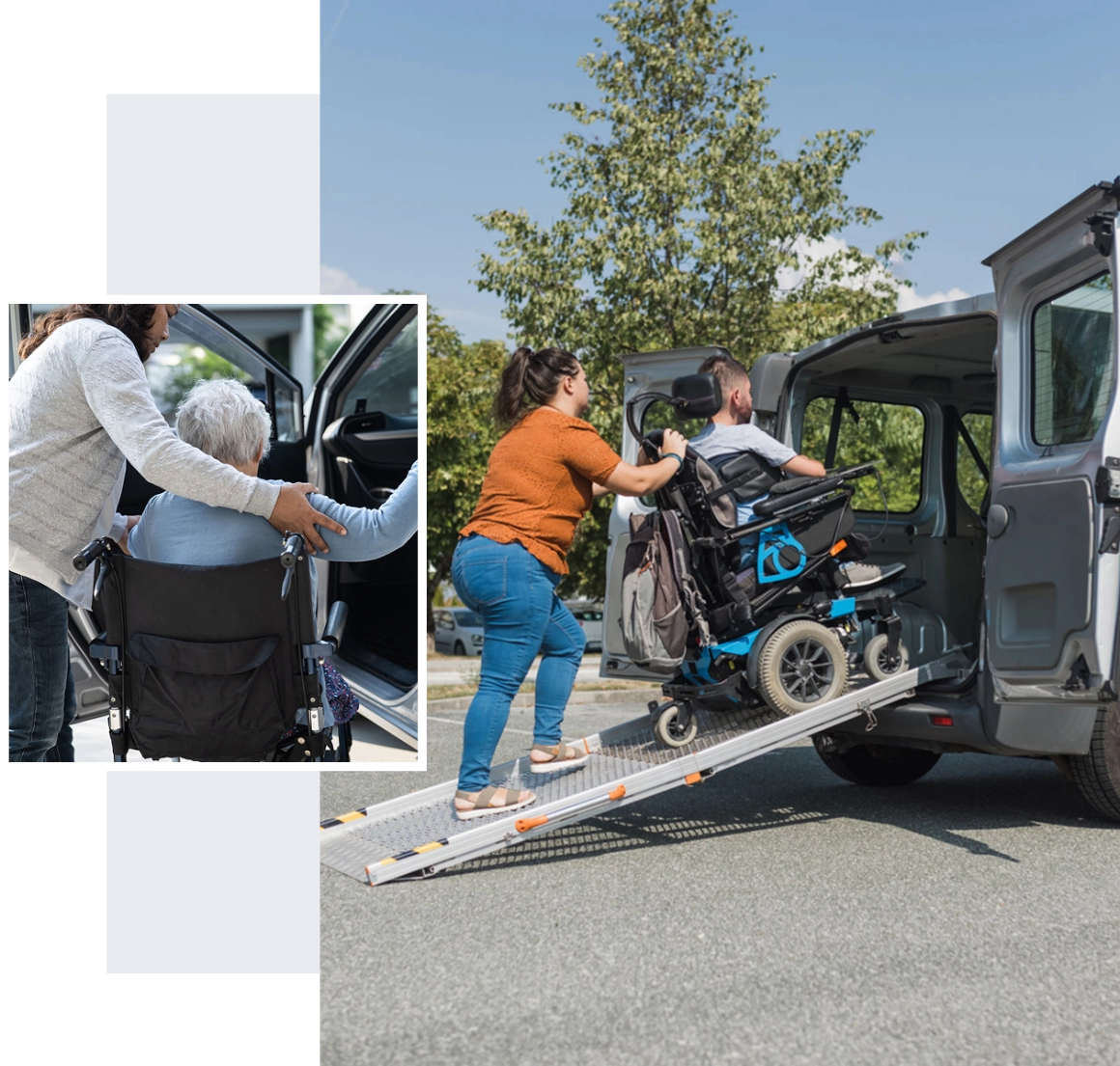 Van wheelchair ramp with caregiver assistance.